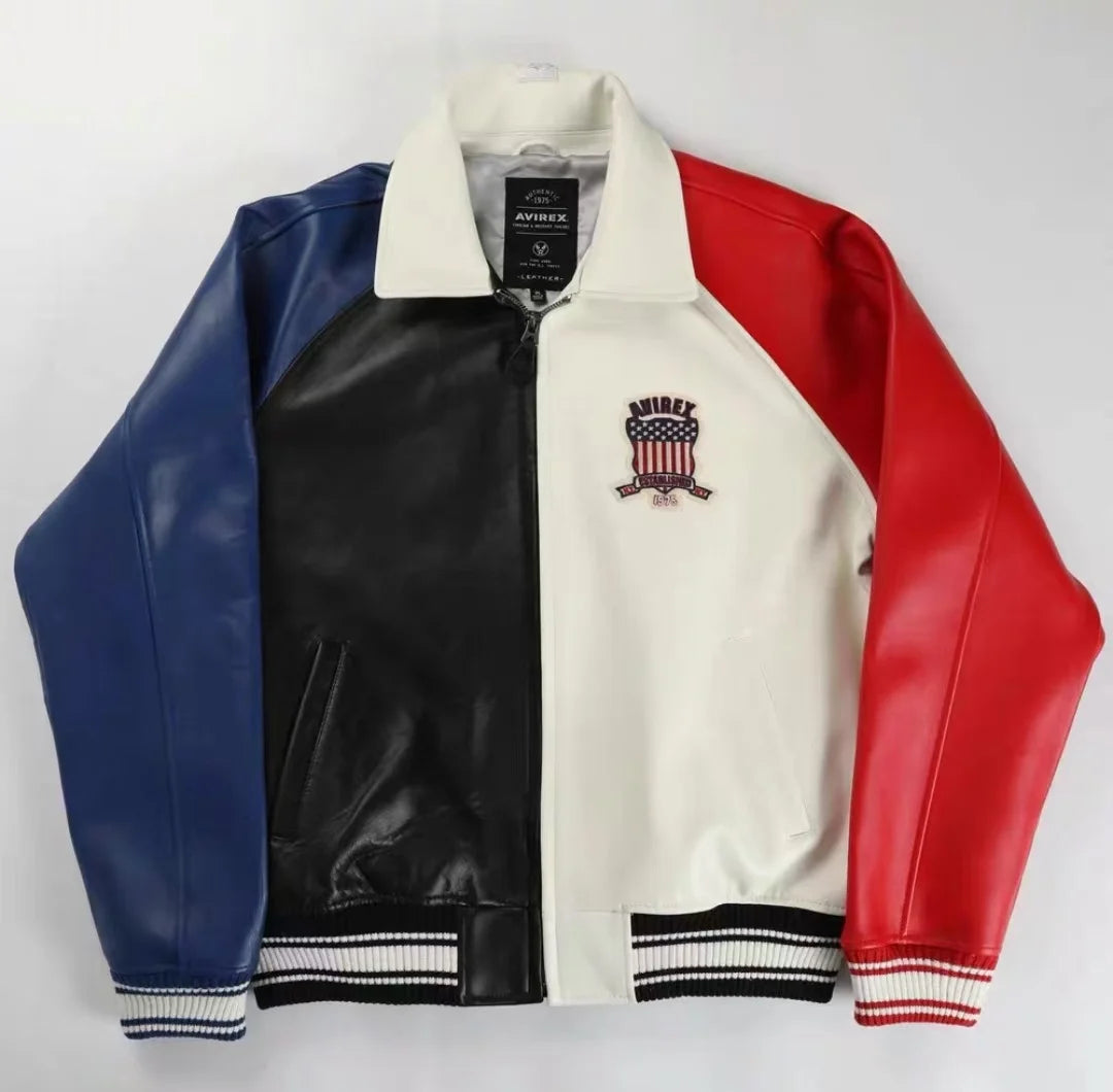 Avirex Colorblocked Men's French Sheepskin Jacket Flight Suit Genuine Leather Leather Jackets US Size Fashion Casual Coat tops