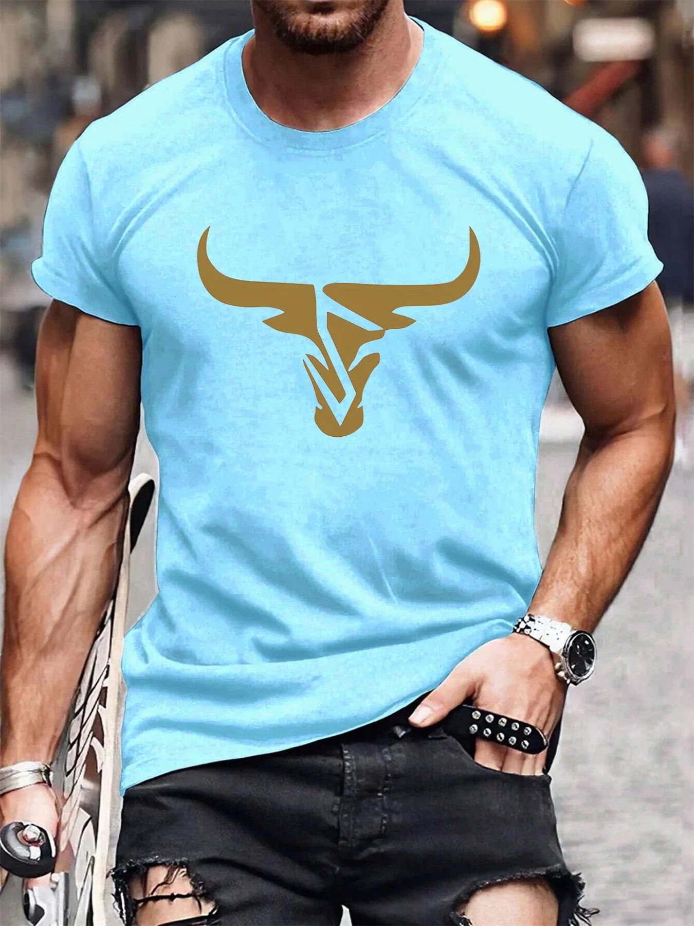Summer men's 100% pure cotton casual loose fit plus size bull pattern printed comfortable round neck short sleeved T-shirt top