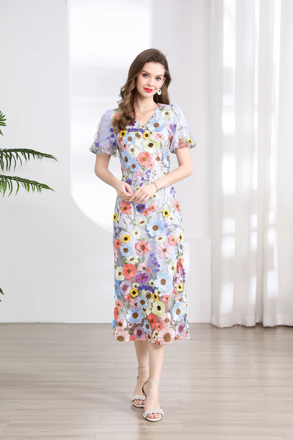 Summer High-end Embroidery Lace Prom Dress Women French Luxury 3D Flower Short Sleeve Long Dress Party Bodycon Holiday Vestido