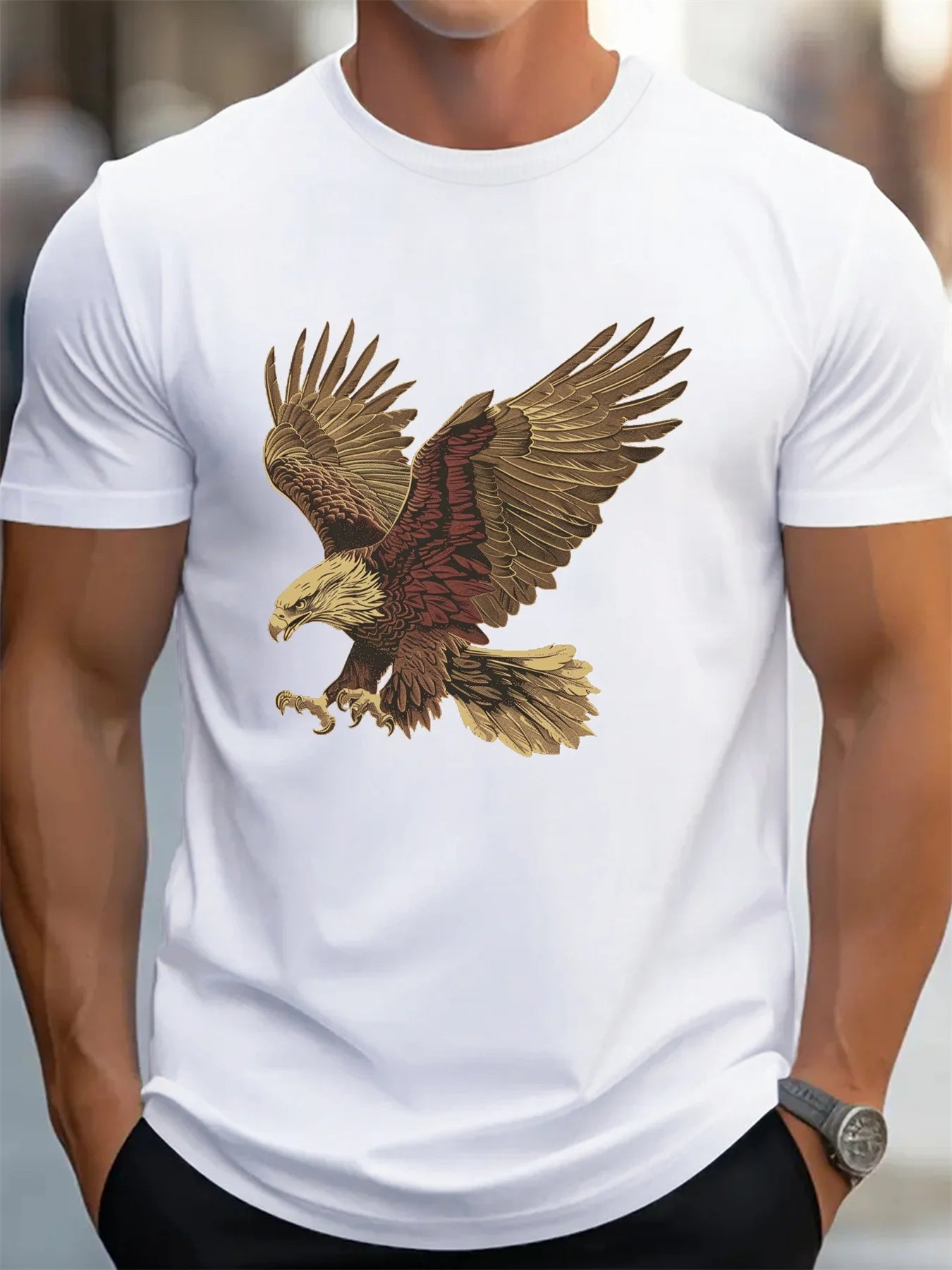 🦅 Men’s Summer 100% Cotton Casual T-Shirt,Eagle Print | Loose Fit | Round Neck | Breathable Comfort