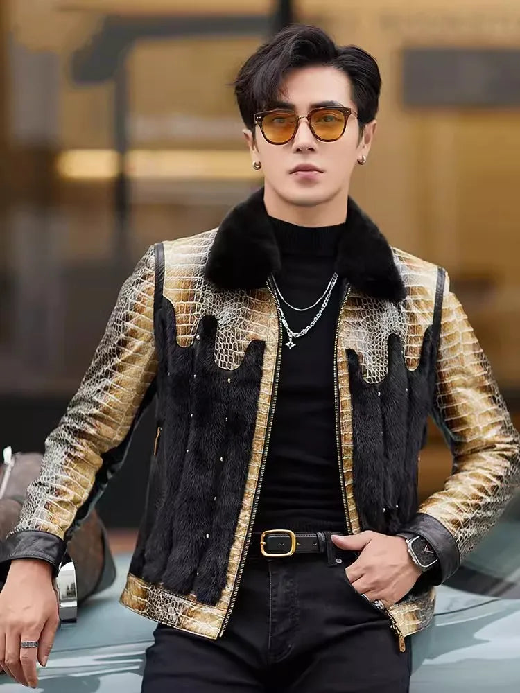 Men’s Party Mink Fur Sheepskin Leather Jacket – Slim Fit Patchwork Winter Coat