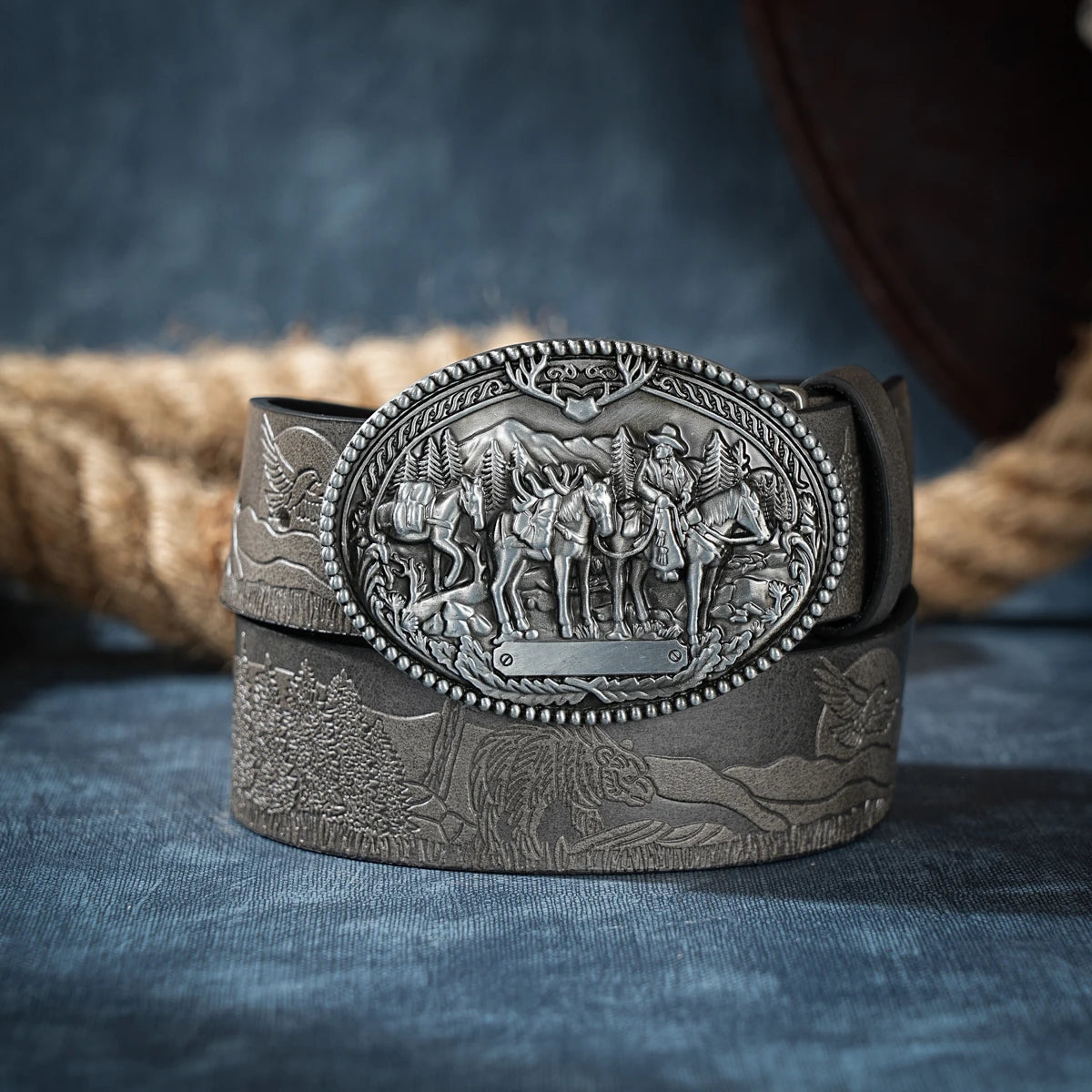Men & Women-Western-Cowboy-PU Leather-Belts - Vintage Belt Floral Engraved Buckle Belt for Jeans