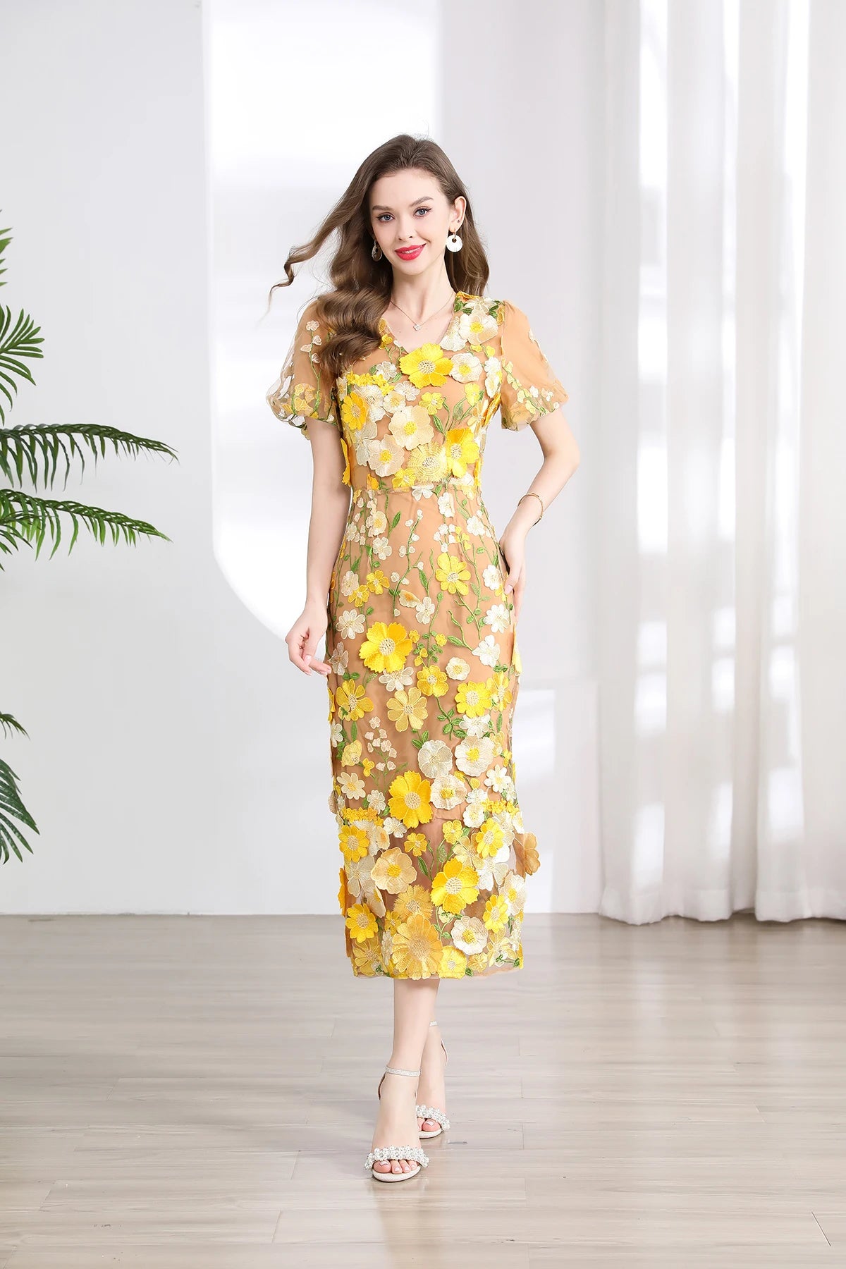Summer High-end Embroidery Lace Prom Dress Women French Luxury 3D Flower Short Sleeve Long Dress Party Bodycon Holiday Vestido