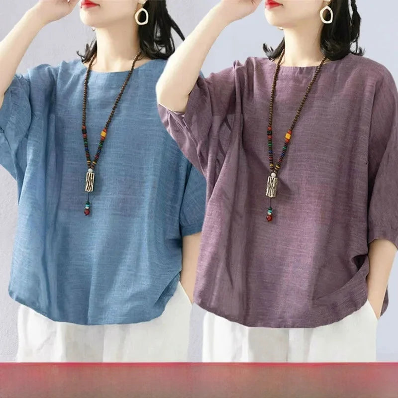 plus Size Women's Cotton T-irt ort Sve Summer New Sle Pure Linen Mid-Age Women's Faionable Commute Ethnic Sle Lo...