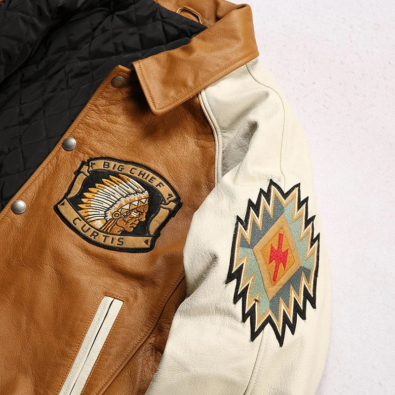 Men large size leather jacket flight suit jacket printed big chief embroidery casual sports yellow cowhide leather jackets tops