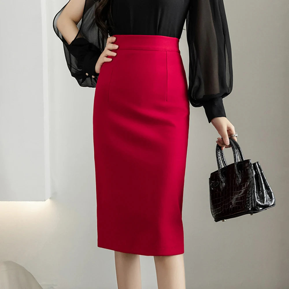 Classic Vintage Gray Red Stretch Pencil Skirts For Women Office Lady Formal Black Midi Skirts Elegant Female Package Hip Skirts