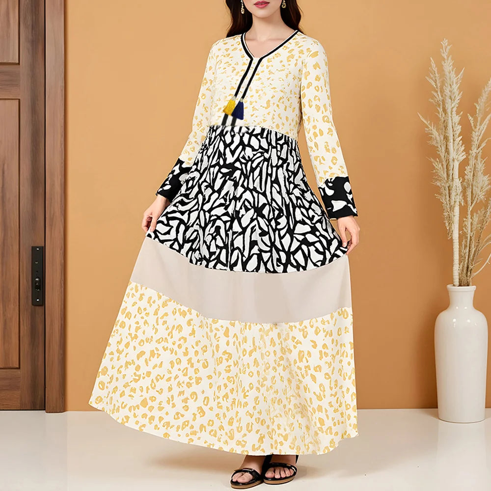 Rafiah Autumn Arabian Long Dress 2025 Modest Fashion Patchwork Long Sleeve V-Neck Midi A-Line Casual Dress For Women