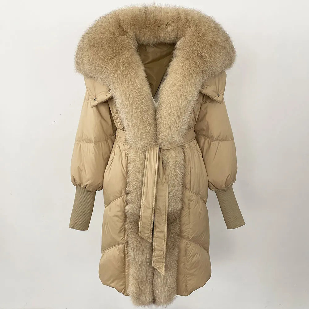 2025 Autumn Winter Women Coat Real Natural Fox Fur Long Down Jacket Thick Warm Casual Hooded White Duck Down Elegant Overwears