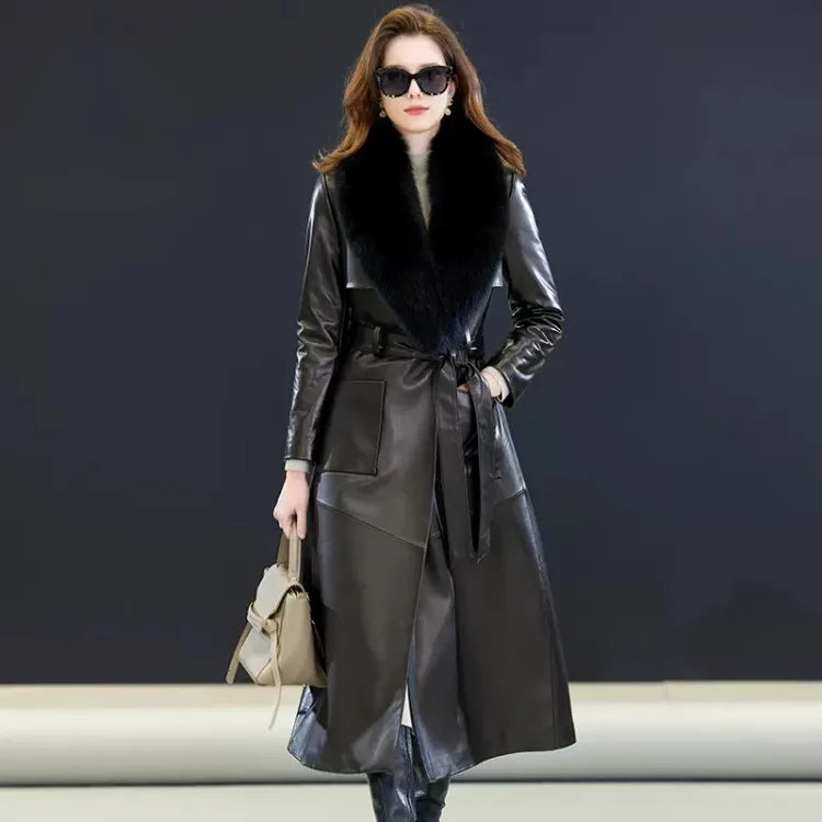 Real Fox Fur Collar Elegant Women Long Trench Coat Belted Slim Fit Winter Warm Sheepskin Down Coat Ladies Genuine Leather Jacket