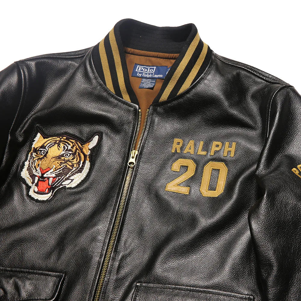Men's top quality stand collar real leather jacket baseball tiger embroidery Fashion leisure first layer cowhide leather coat