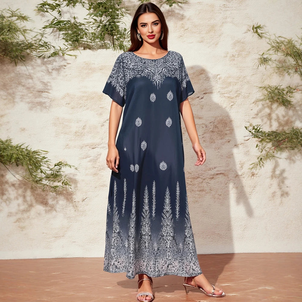 Rafiah Women's Dresses Summer Comfortable Elegant 2025 Print Casual Short Sleeve Round Neck A-Line Midi Vacation Long Dresses