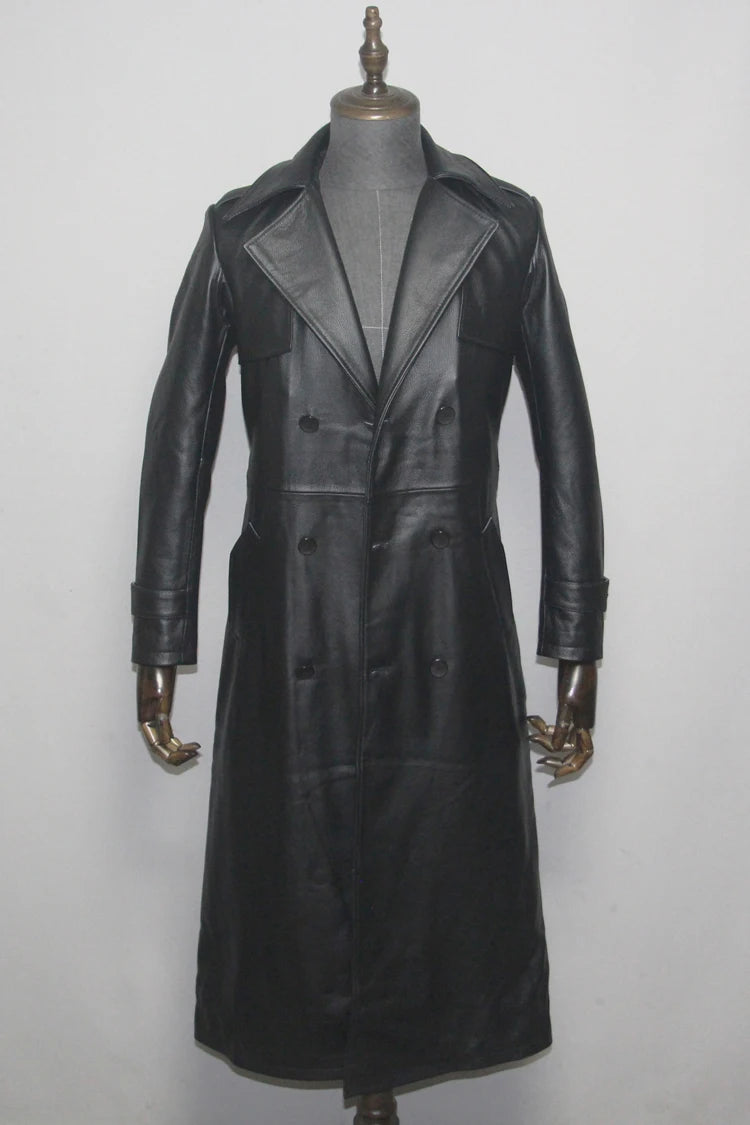 Men's Leather Trench Coat, Genuine Cowhide, Double Breasted, Extended Length Trench Long Coat Windproof Belt, Autumn Winter,6XL
