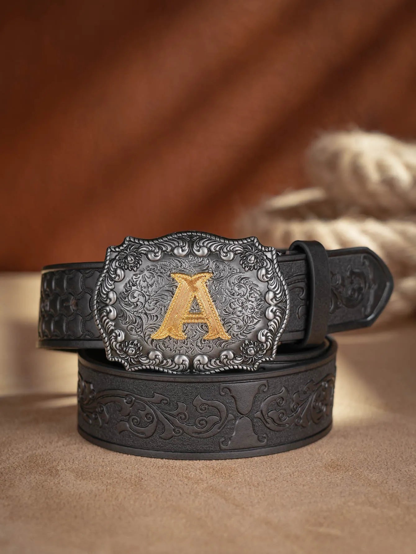 Western Cowboy PU Leather Belt - Men Waist Strap Bull Decoration Floral Engraved for Jeans