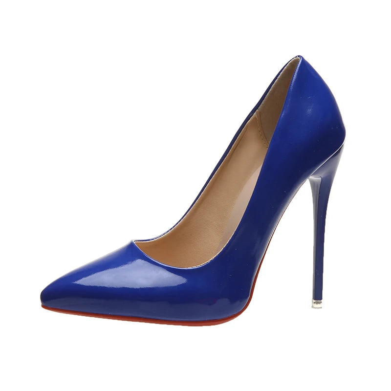 Temperament 12cm Super High Thin Heels Shoes Women Pumps Pointed Toe Colorful Patent Leather Stiletto Wedding Shoe Size 45