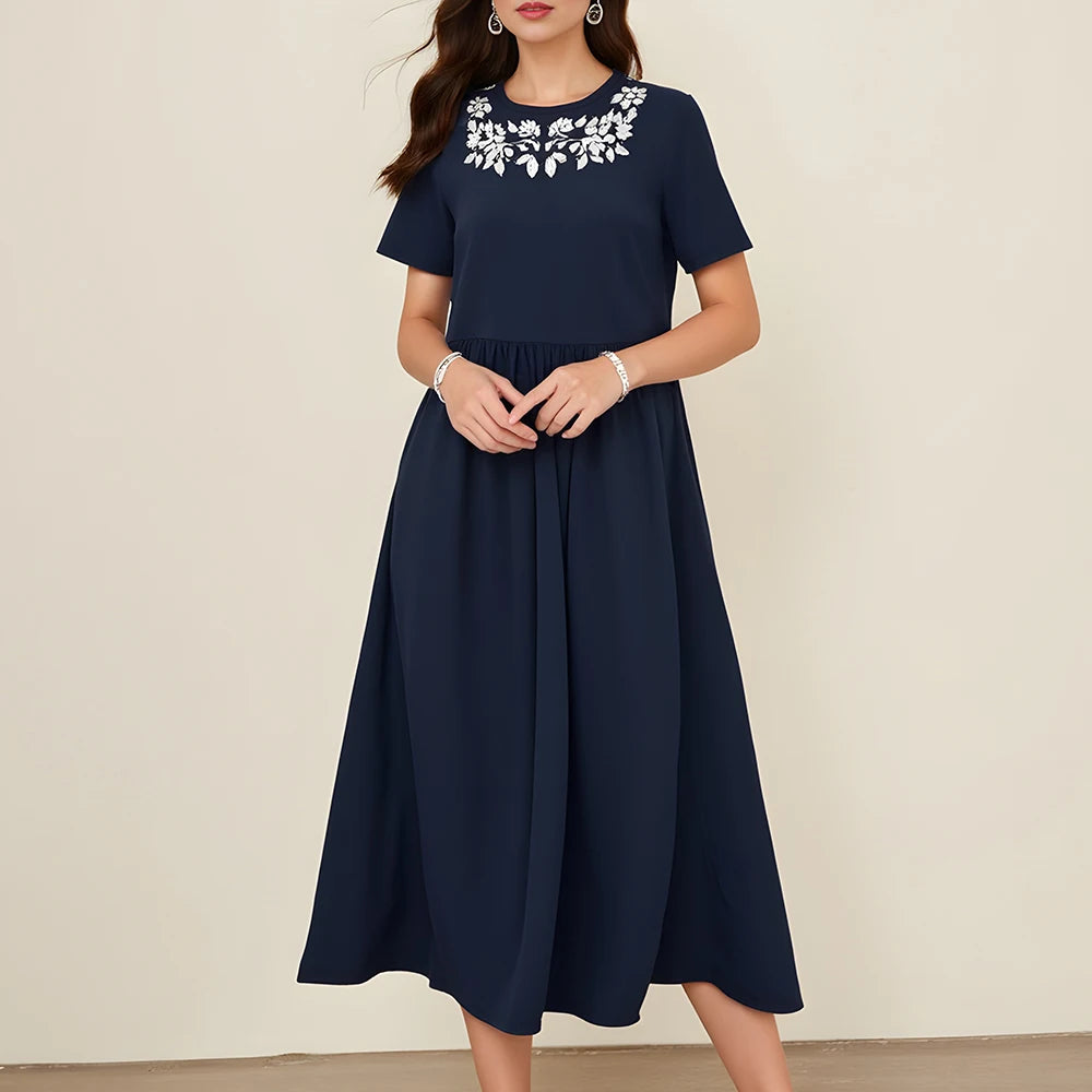 Rafiah Women's Summer 2025 Dress Solid Color V-Neck Floral Embroidered Short Sleeve Relaxed Silhouette Long Dress