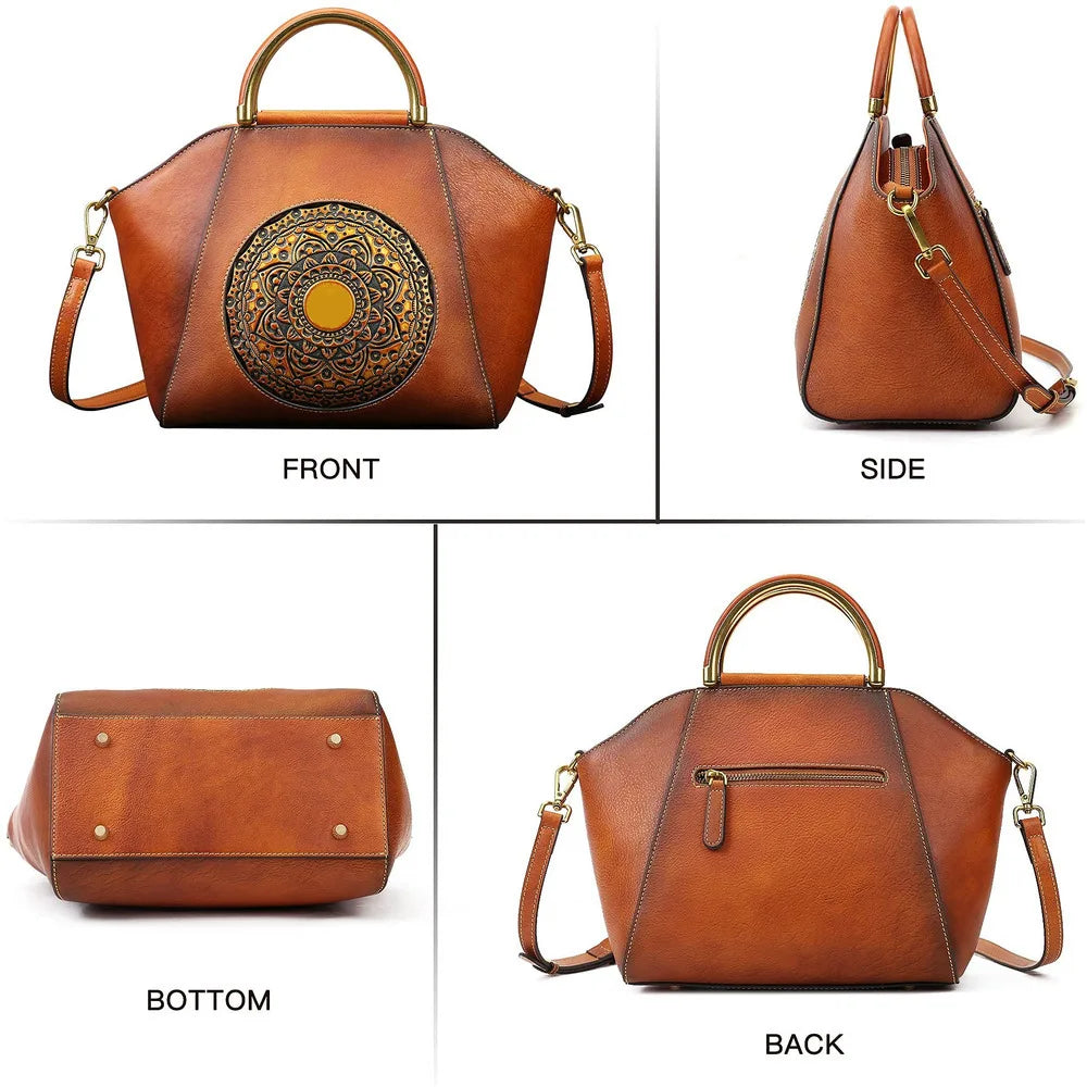 MOTAORA 2025 New Women Genuine Leather Handbags Organizer Retro Vegetable Tanning Leather Vintage Embossing Totem Shoulder Bag
