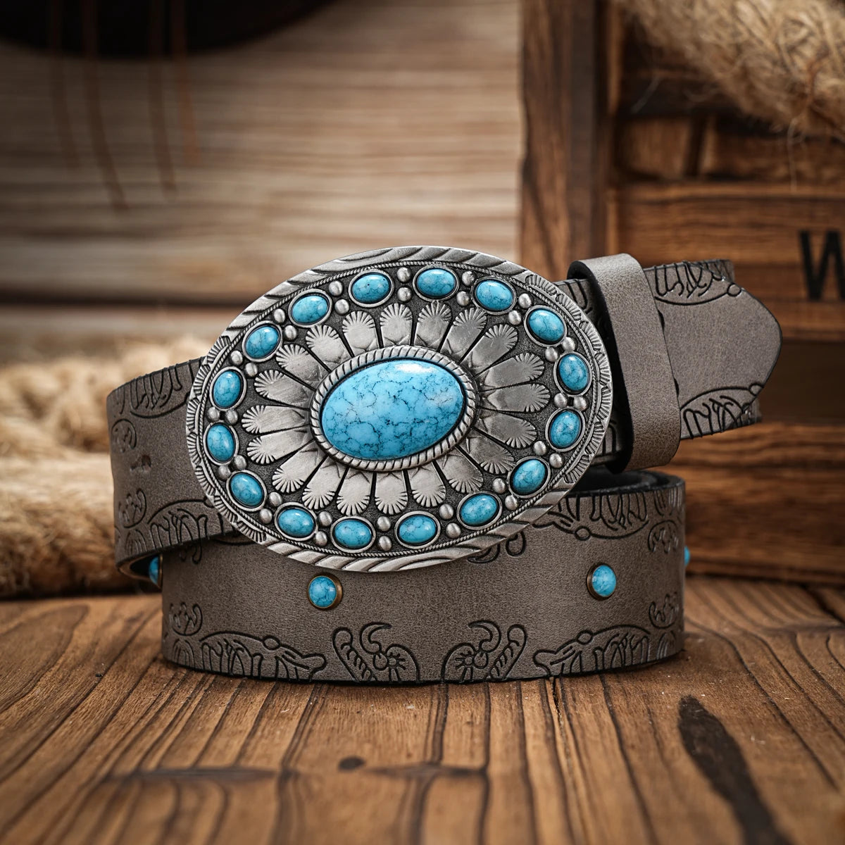 Western Cowboy PU Leather Belt - Men Waist Strap Bull Decoration Floral Engraved for Jeans