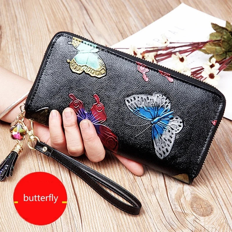 MOTAORA Retro Genuine Leather Women Wallet Large Capacity Ladies Card Holder Purse Floral Leather Wallets Long Female Coin Purse