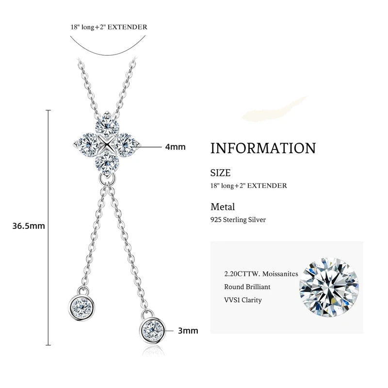 Lnngy Niche Light Tassel Pendant Moissanite Necklace 925 Sterling Silver Four-leaf Flower Necklaces for Women 2024 Trend Jewelry