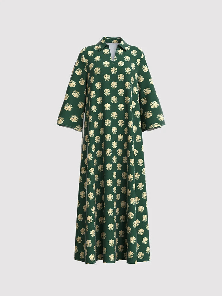 Rafiah Women's Even Dress Arabian 2025 Summer Modest Fashion Full Print Long Sleeve Lapel Midi Loose Fit Long Dress