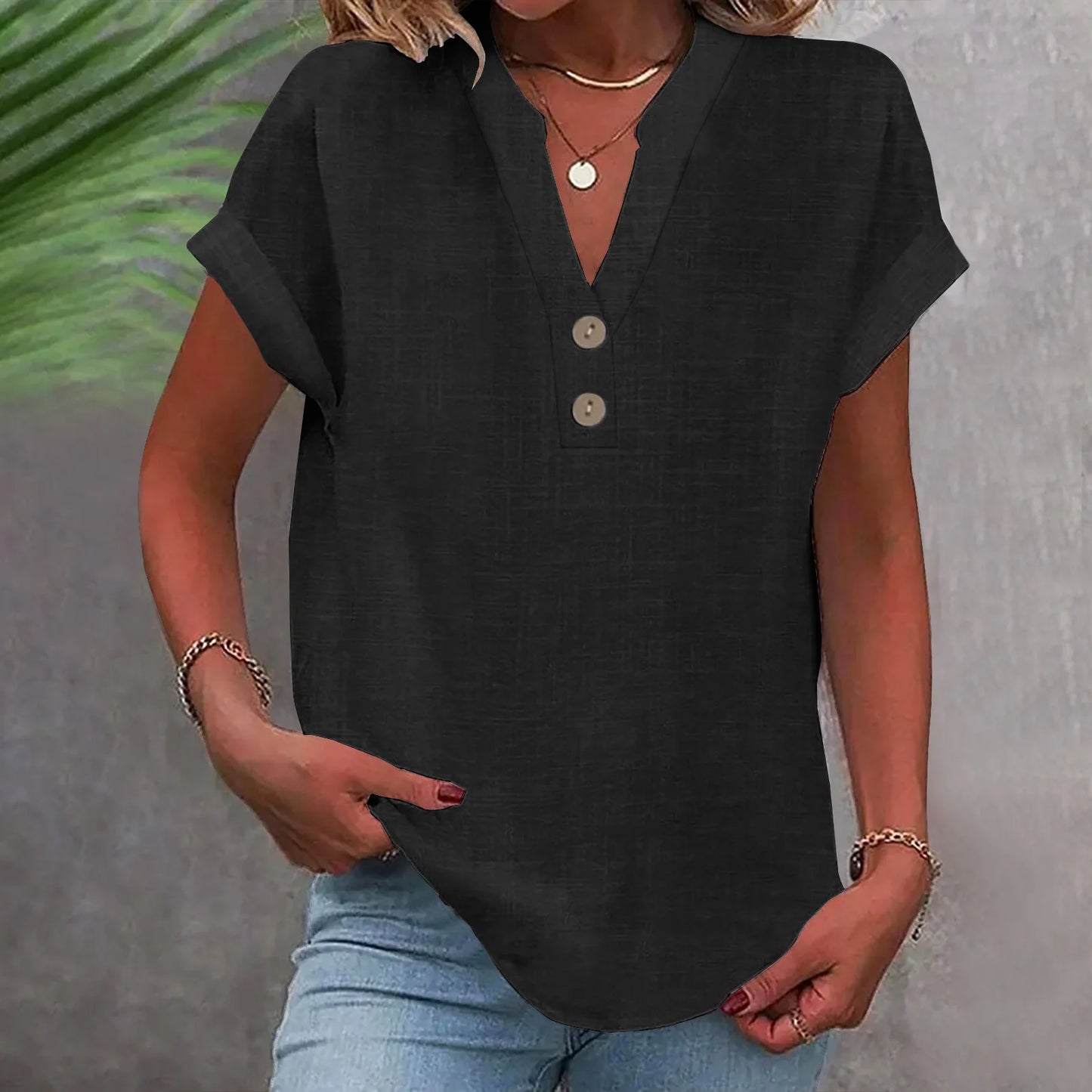 Cotton Linen Short Sleeved Breathable Shirt Summer Solid Color Fashion Stand Up Collar Button Down Women's Casual Office Shirt