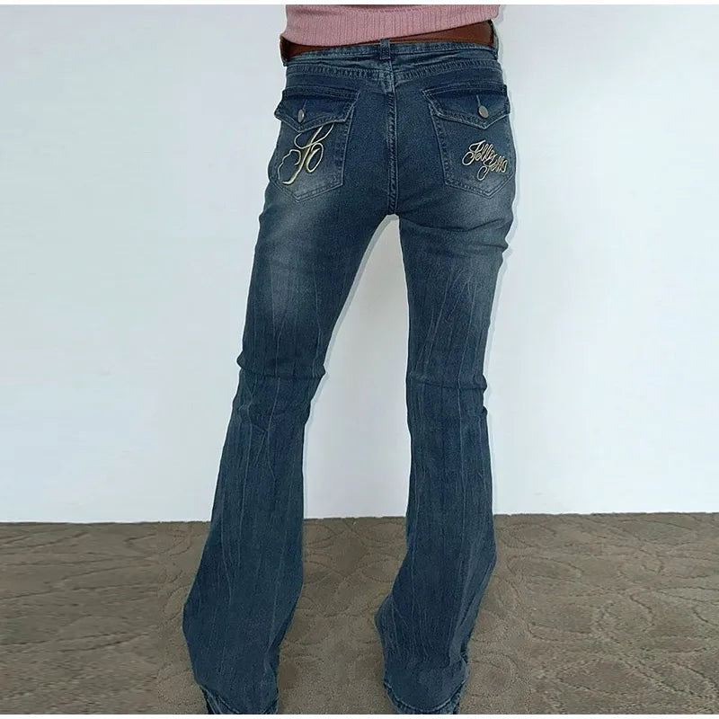 Vintage Women's Denim Low Rise Slightly Flared Jeans Pant Retro Pattern Printed Trendy Skin Fit Casual Daily Streetwear Trousers