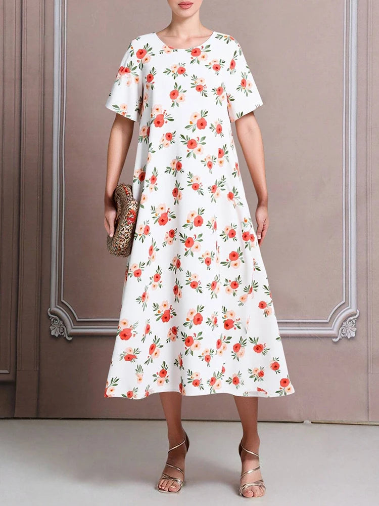 Rafiah Women's Even Dress Arabian 2025 Summer Elegant Contrast Color Full Print Short Sleeve Round-Neck Draped Long Dress
