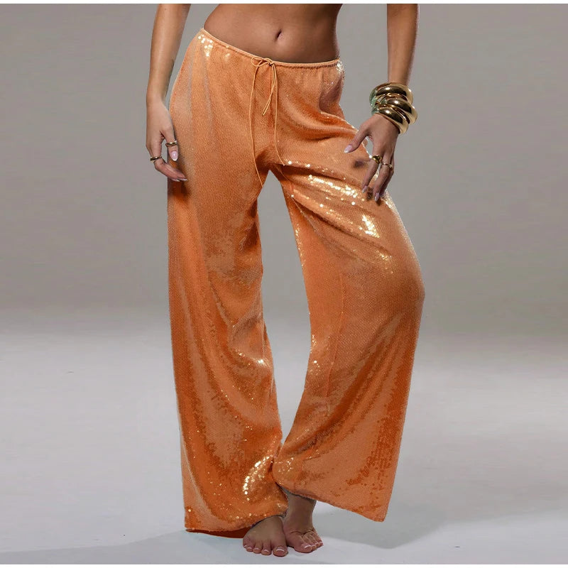 Loose Solid Color Sequin Pants Woman Cinched Waist Glitter Straight Baggy Long Pants Casual Street Chic Sparkle Women's Trousers