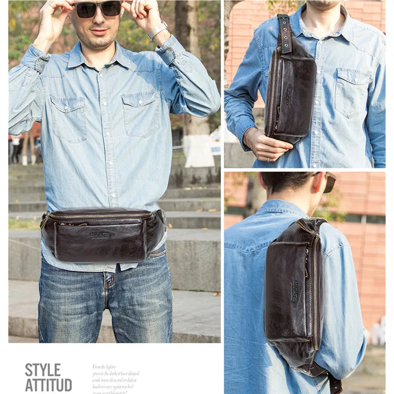 MOTAORA Men's Genuine Leather Waist Bag Multifunctional Chest Pack for Travel & Sports Anti-Theft Phone Pouch Gym Crossbody Bag