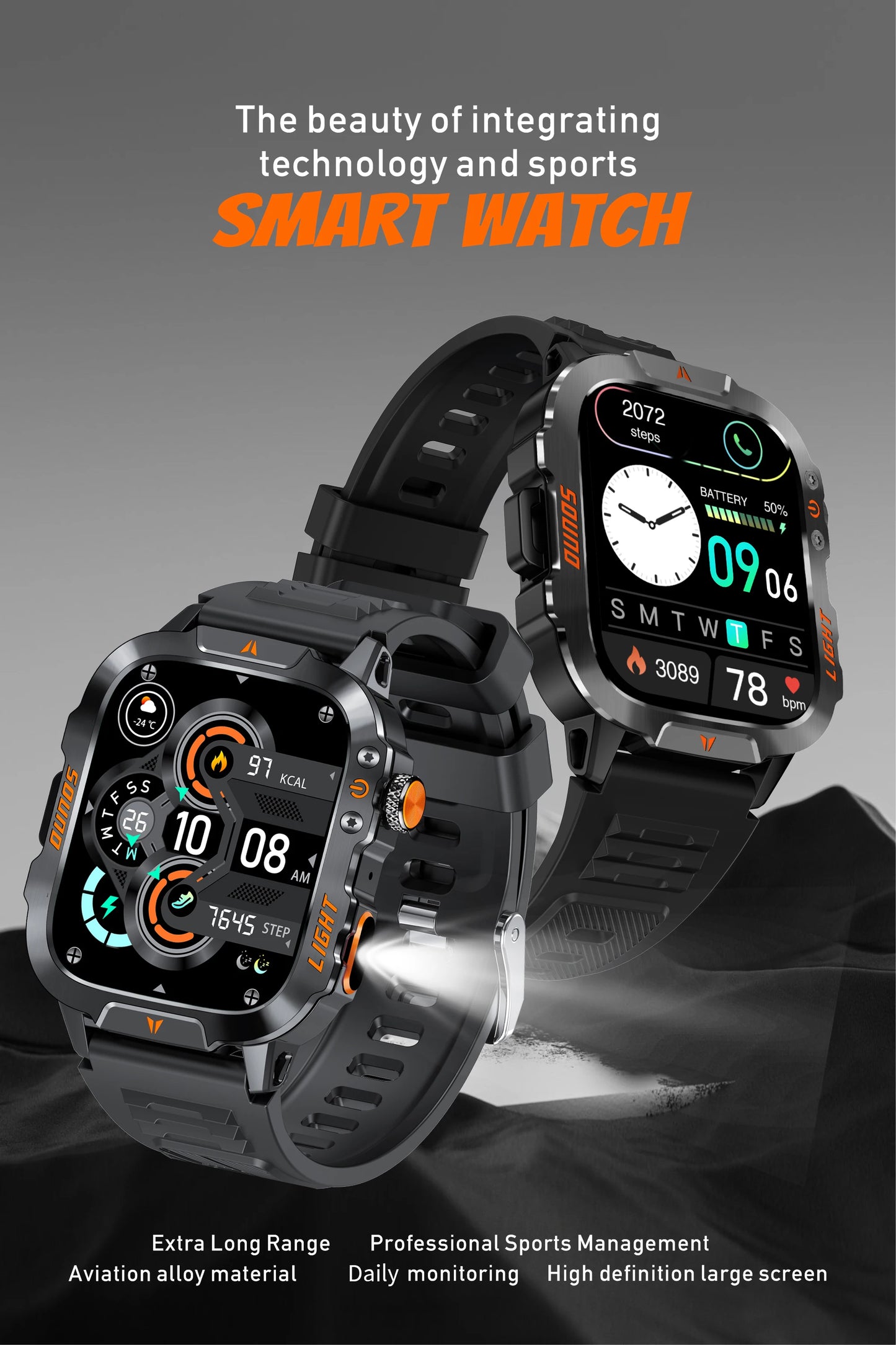 LIGE Military Smart Watch Men 1.96" Screen 3ATM Waterproof Bracelet Bluetooth Call AI Voice Sport Smartwatch With LED Flashlight