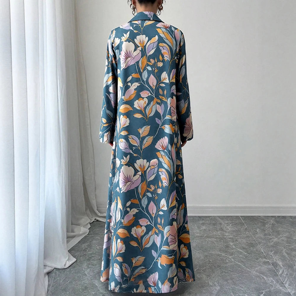 Plus Size Rafiah Women's Summer Arabian Dress 2025 Botanical Print A-Line Long Sleeve Lapel Draped Long Dress