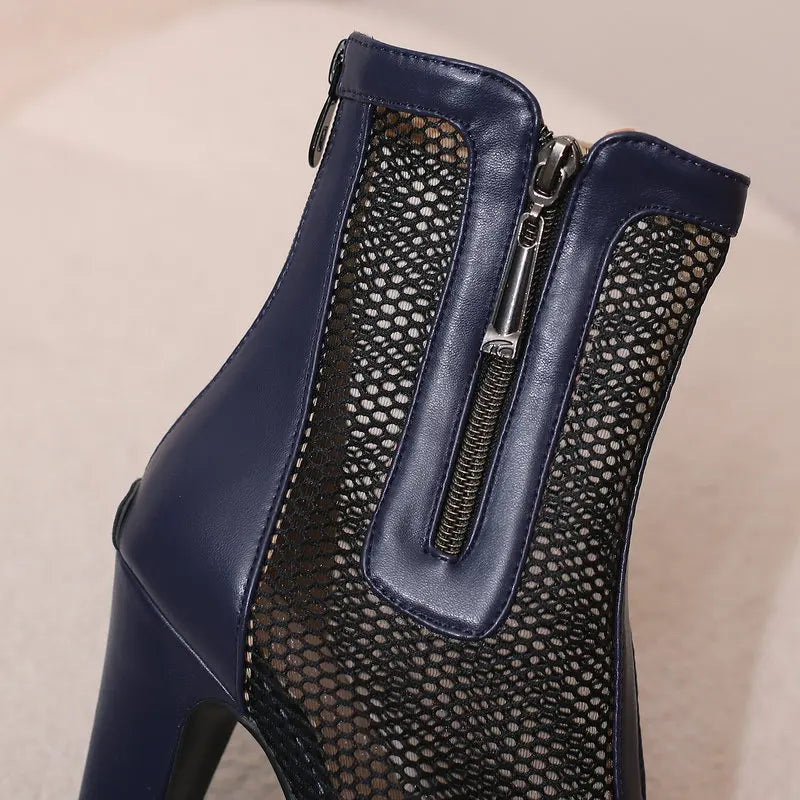 Women’s Summer Ankle Boots – Handmade Mesh + PU Leather – Closed Toe – Platform High Heel – Zip Up – Sizes 4.5–18