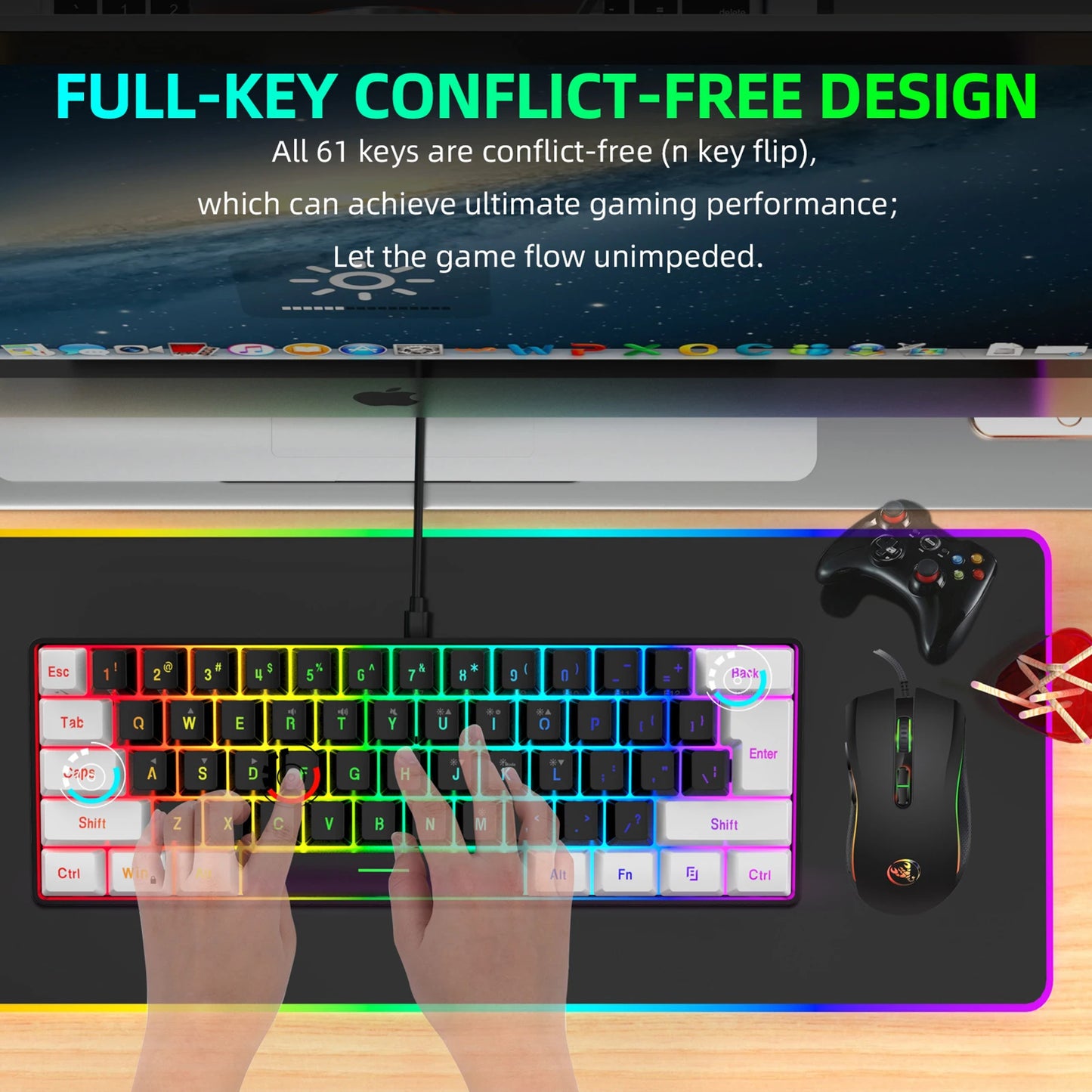 HXSJ V700BW A869 USB Keyboard Mouse Kit 61-key Wired RGB Backlight Computer Keyboard Colorful LED Lighting 3200DPI Gaming Mouse
