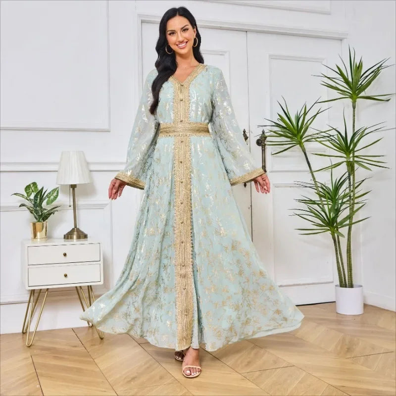 KAF Dubai Luxury Evening Party Dress 2025 Spring Fall New V-neck Long Sleeve Retro Printing Design Loose Large Size Female Abaya