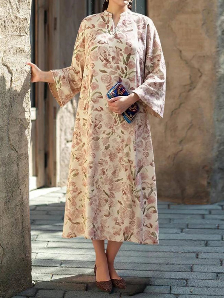 Rafiah Women's Summer Arabian Dress Elegant Floral Long Sleeve V-Neck Dating Long Dresses Evening Dresses 2025