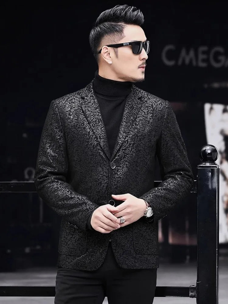 Business Men Work Slim Fit Real Sheepskin Genuine Leather Jacket Spring Autumn Floral Printed Single Breasted Blazer Suit Coat