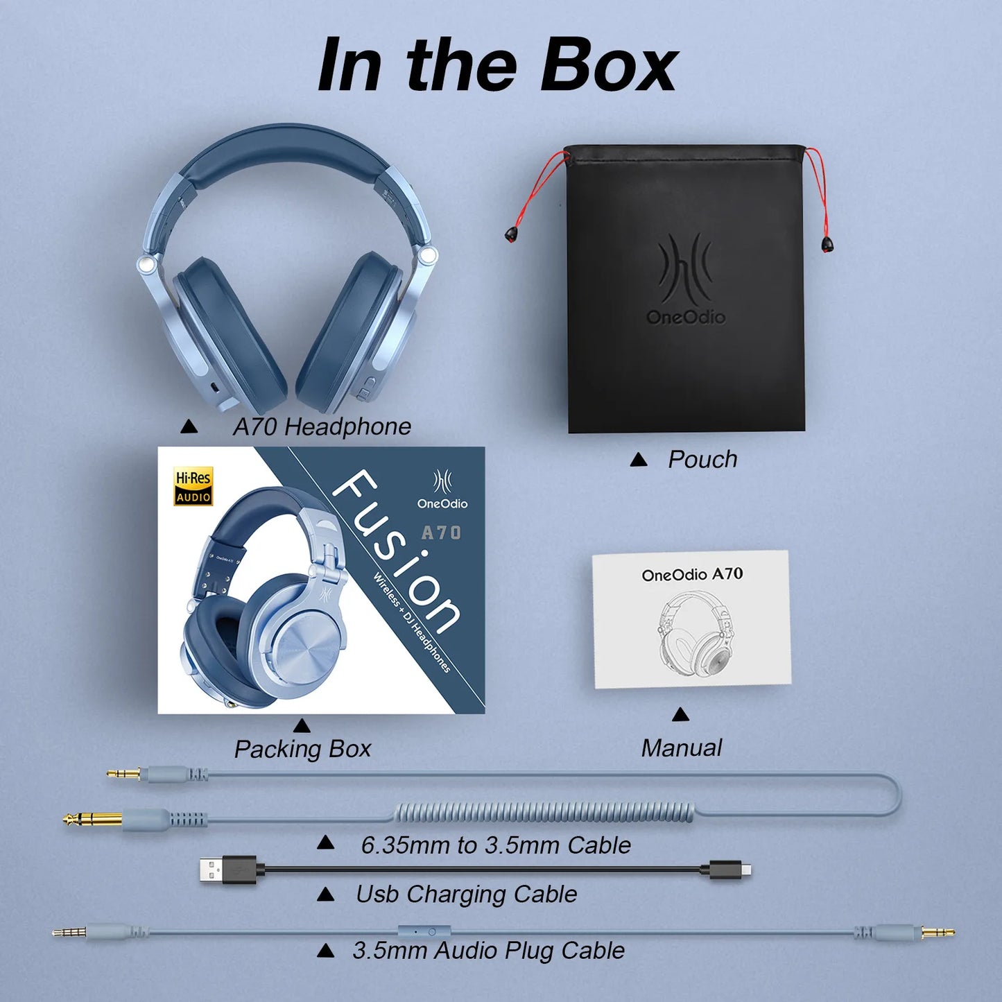 Oneodio A70 Wireless Bluetooth 5.2 Headphones 72Hrs Over Ear Hi-Res Audio 3.5mm/6.35mm Wired Studio DJ Headset With Microphone
