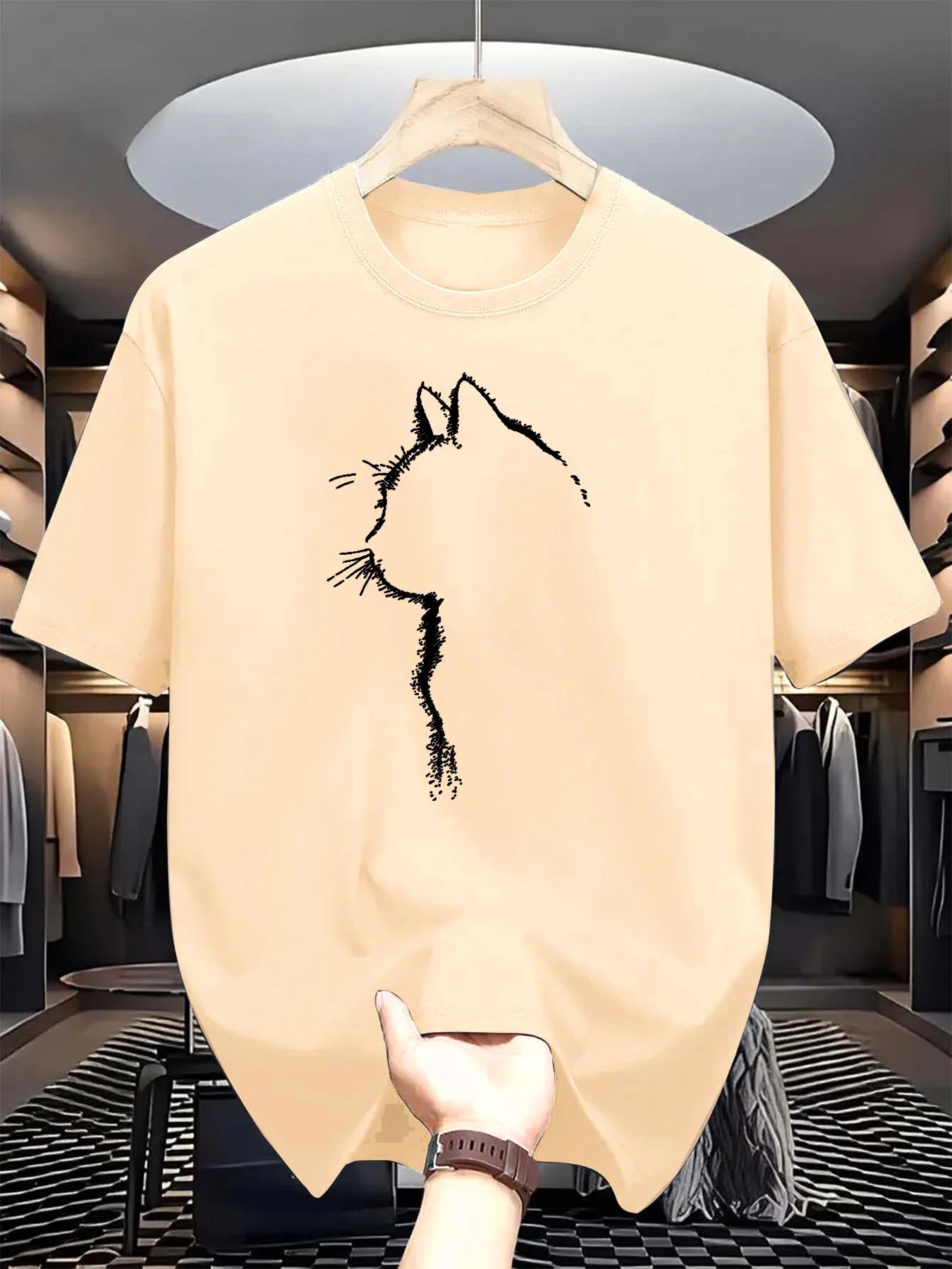 Summer men's 100% pure cotton casual sports loose cat pattern printed comfortable round neck short sleeved T-shirt top