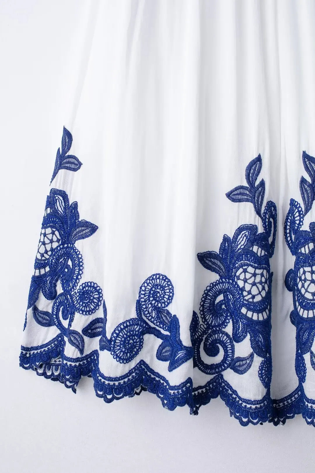 TRAFZA 2024 Women Skirt Set Blue Embroidery Three Quarter Bat Sleeve Shirt +Folds A Line Long Skirt Casual Loose Beach Holiday