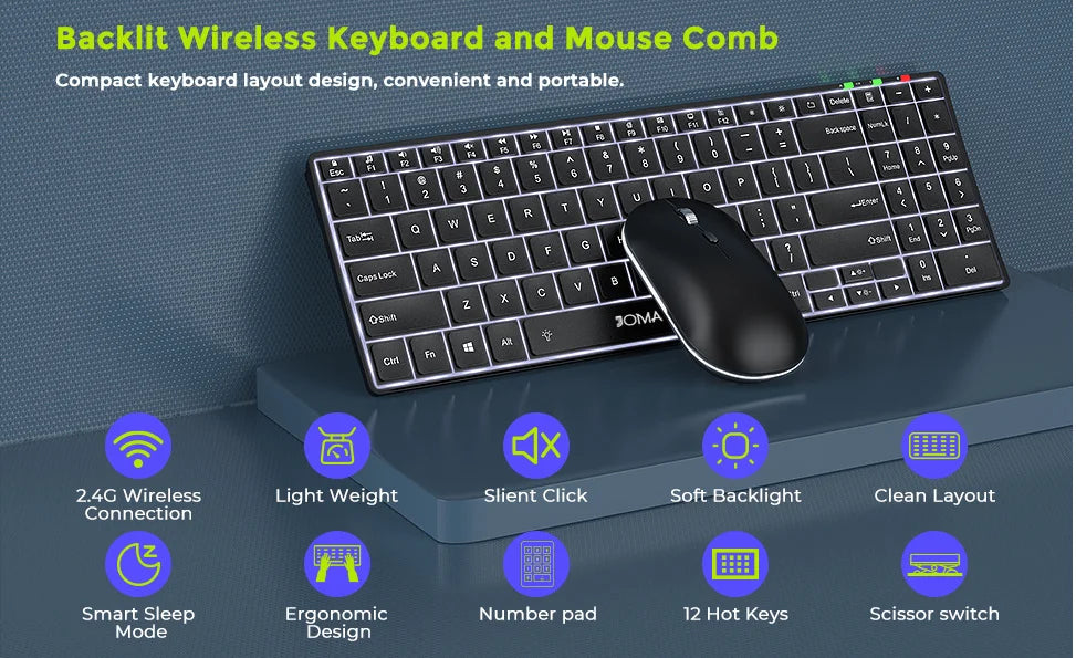 Jomaa Full-Size Backlight Wireless Keyboard and Mouse Combo for Laptop PC USB Silent Click Keyboard Mouse Set Rechargeable Spain