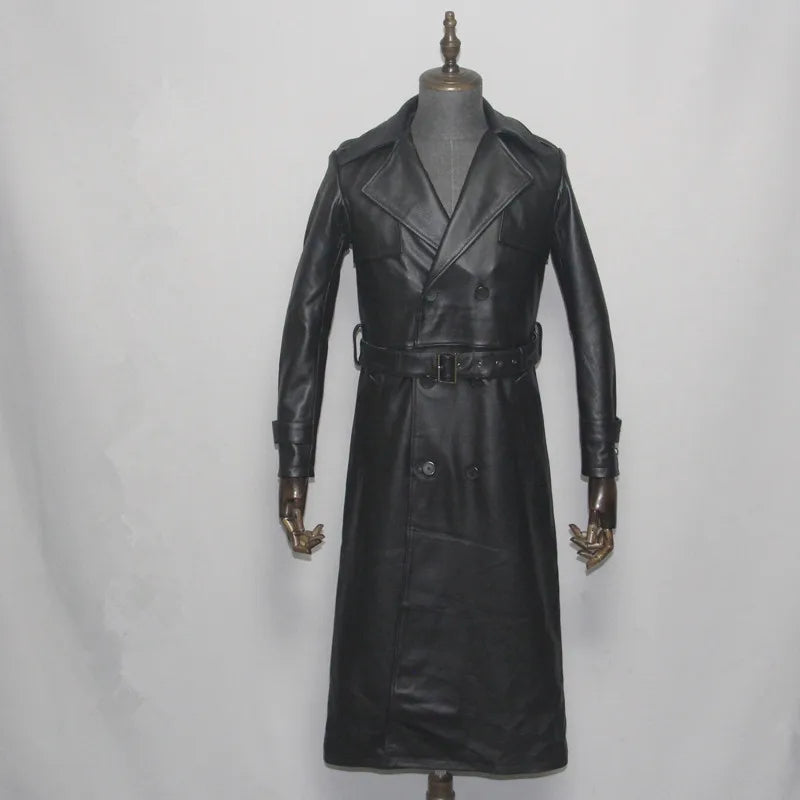 Men's Leather Trench Coat, Genuine Cowhide, Double Breasted, Extended Length Trench Long Coat Windproof Belt, Autumn Winter,6XL