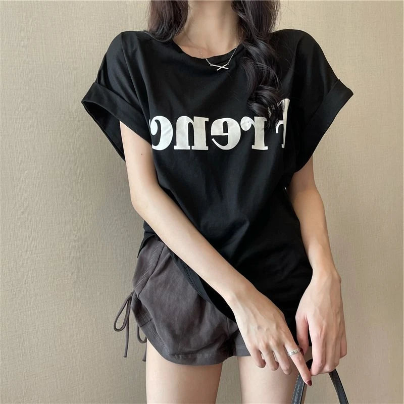 Loose ort Sve T-irt Women's Summer Thin Design Sense Hong Kong Sle Chic Retro Top Trendy round Ne Polyester ...