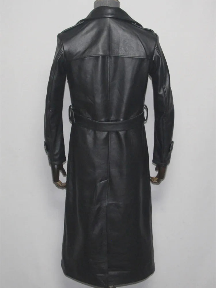 Men's Leather Trench Coat, Genuine Cowhide, Double Breasted, Extended Length Trench Long Coat Windproof Belt, Autumn Winter,6XL