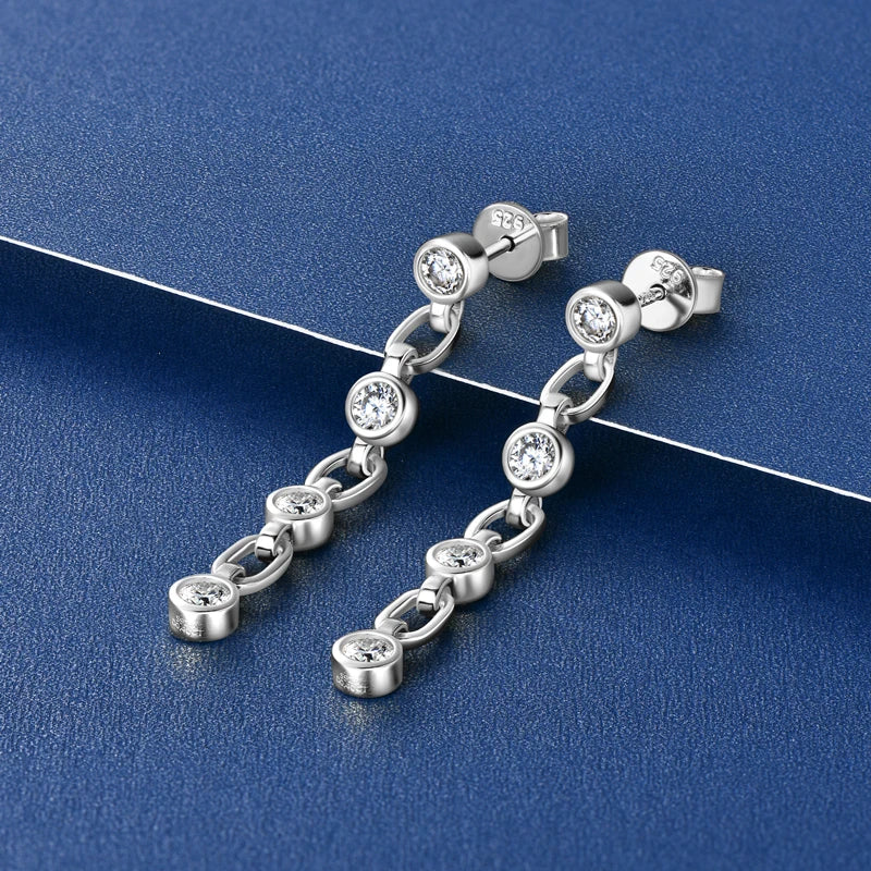 Lnngy 3mm Bezel Moissanite Earrings For Women Exquisite 925 Sterling Silver Long Tassel Earring Wedding Drop Jewelry Gift