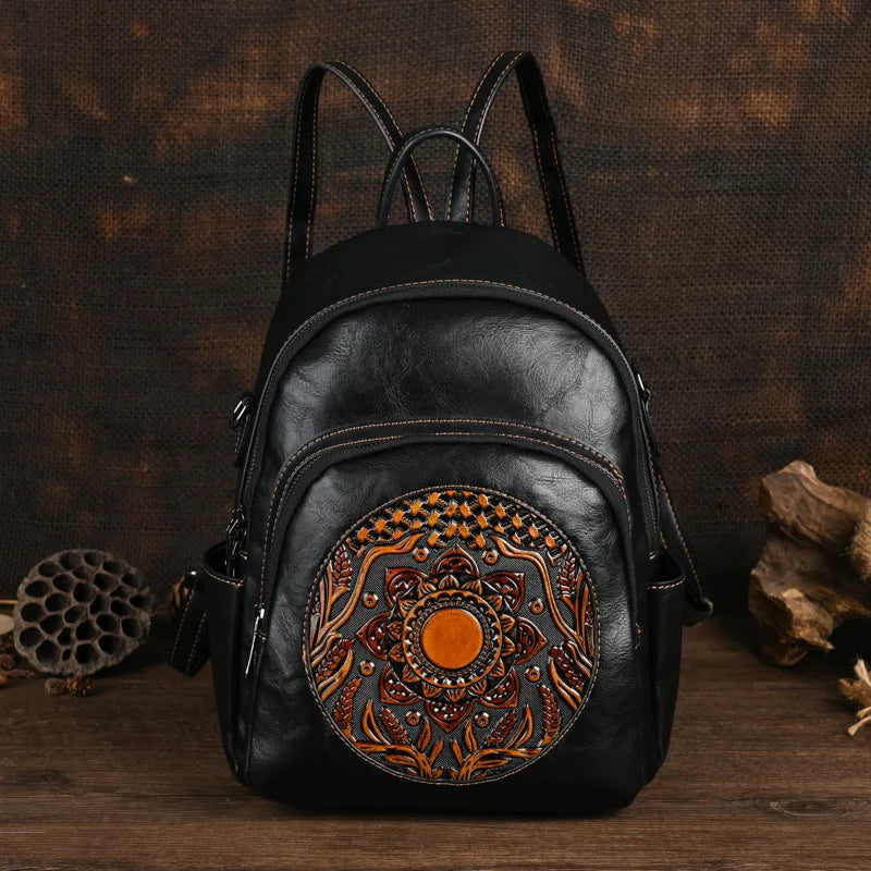 MOTAORA Vintage Leather Backpack Women Large Capacity Embossed Casual Travel Backpack Anti-Theft Waterproof Handbag Purse