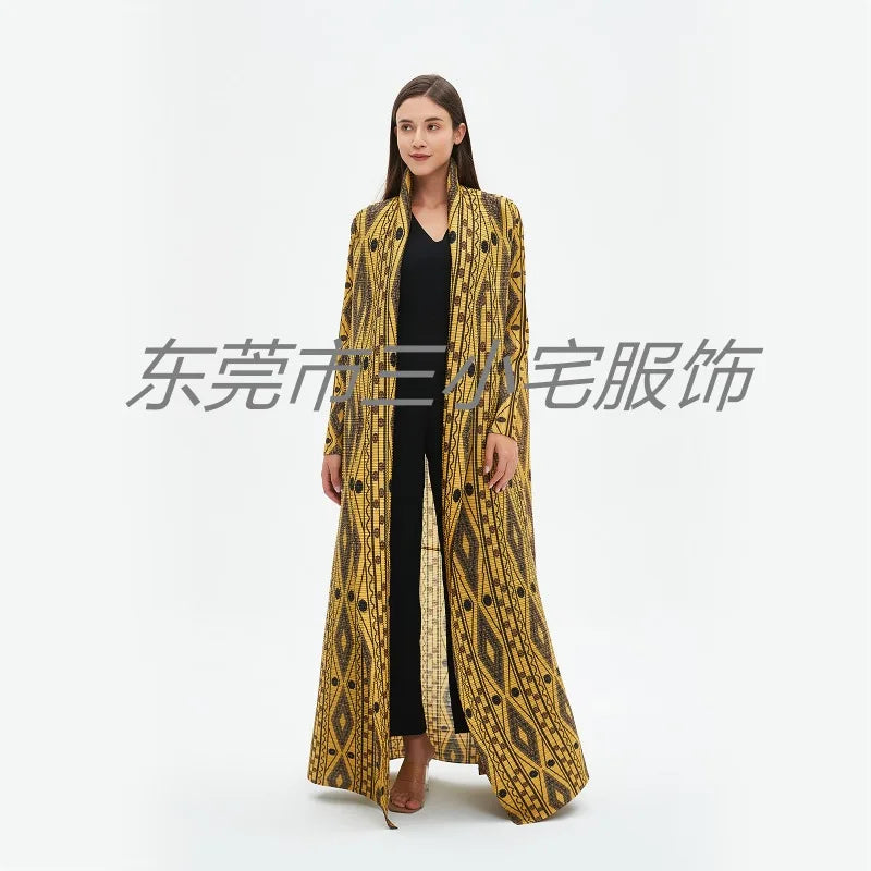 KAF Pleated Women Loose Plus Size Trench Coat 2024 Autumn New Vintage Printed Cardigan Design Arab Female Luxury Abaya