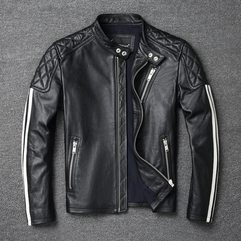 New fashion Men Leather Jacket 100% Genuine Cowhide Coat White Stripes Cool Biker Slim Short Autumn Leather Clothing.