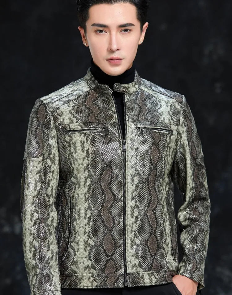 Men’s Python Pattern Sheepskin Leather Jacket – Slim Fit Stand Collar Moto Biker Coat
