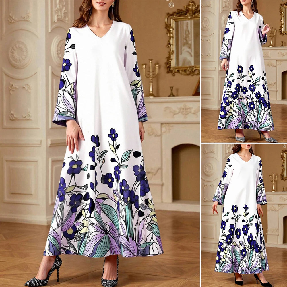 Rafiah Women's Dresses Summer Elegant Decent 2025 Full Print Long Sleeve V-Neck Midi A Line Casual Long Dresses