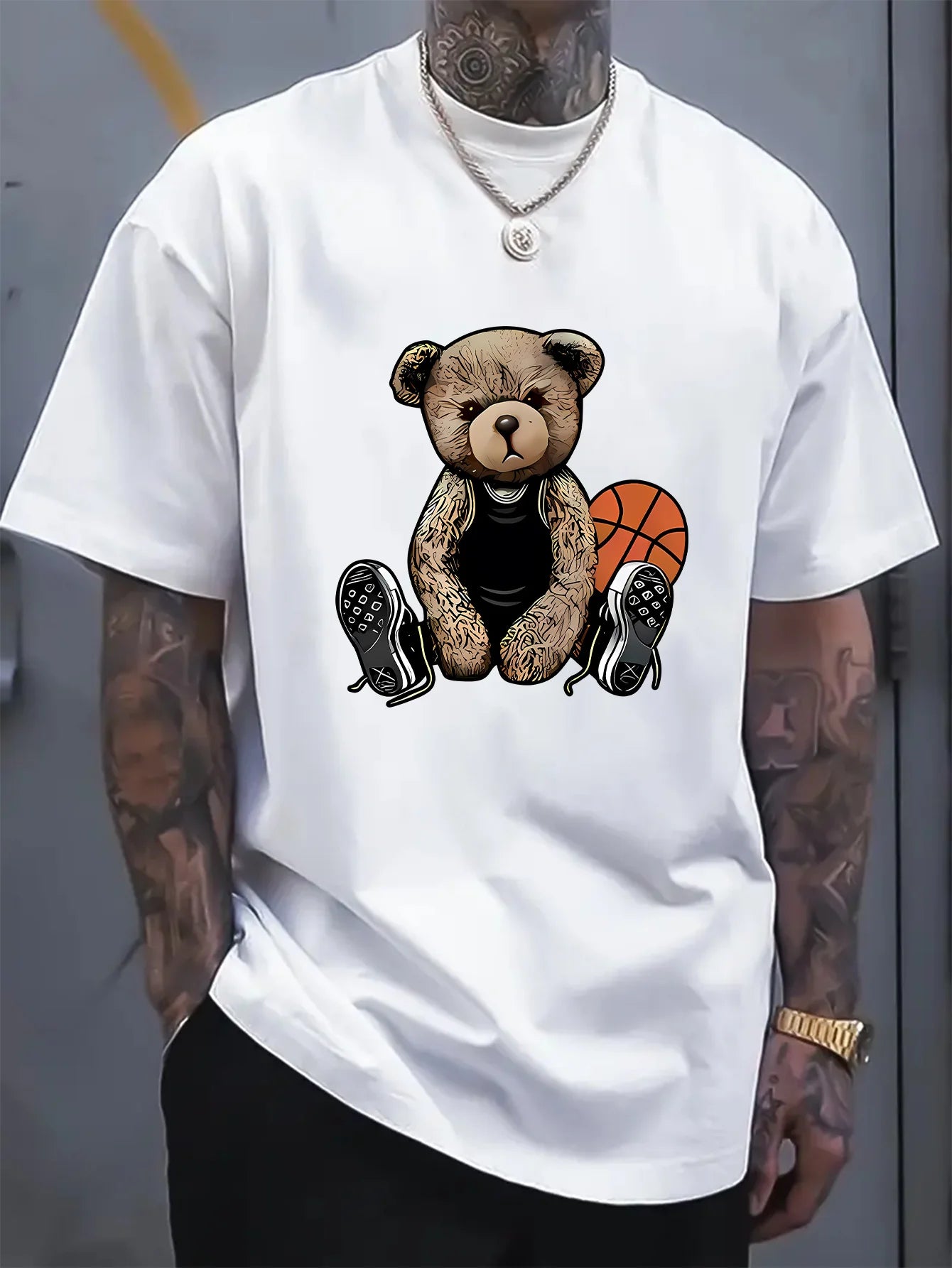 Men's summer 100 cotton fashionable casual sports loose and fun basketball bear pattern printed round neck short sleeved T-shirt